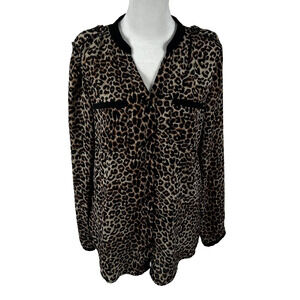 Olive Oak Brown Black Leopard Print Long Sleeve Blouse Top Small Business Casual